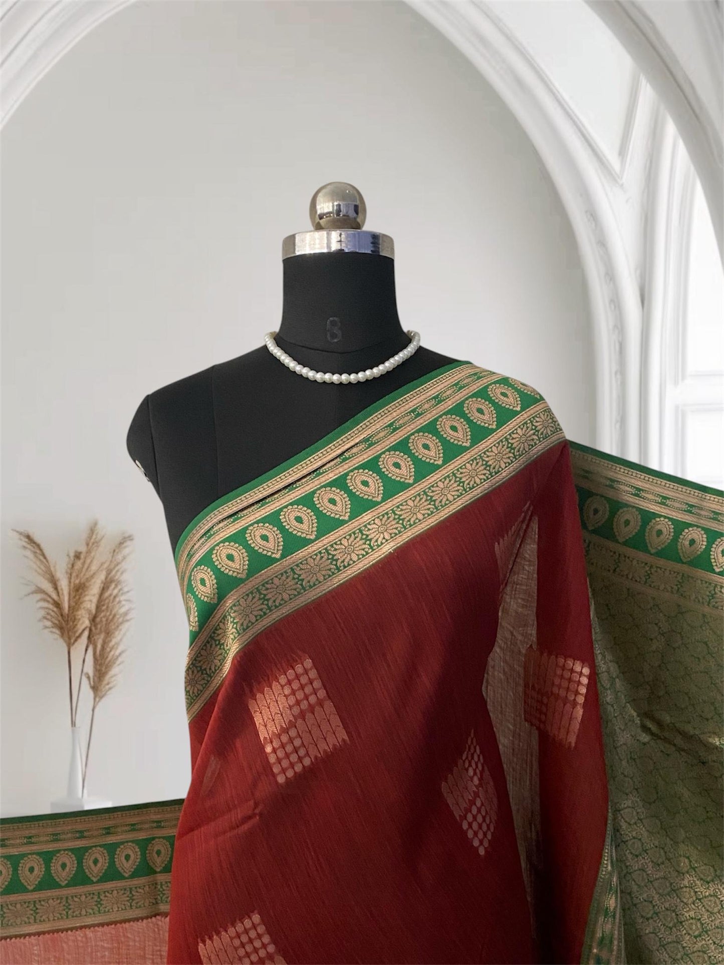Shivakami Maroon & Green Chanderi Cotton Silk Saree with Rich Silk Pallu