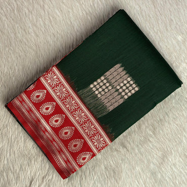 Shivakami Dark Green & Red Chanderi Cotton Silk Saree with Rich Silk Pallu