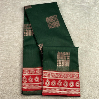Shivakami Dark Green & Red Chanderi Cotton Silk Saree with Rich Silk Pallu