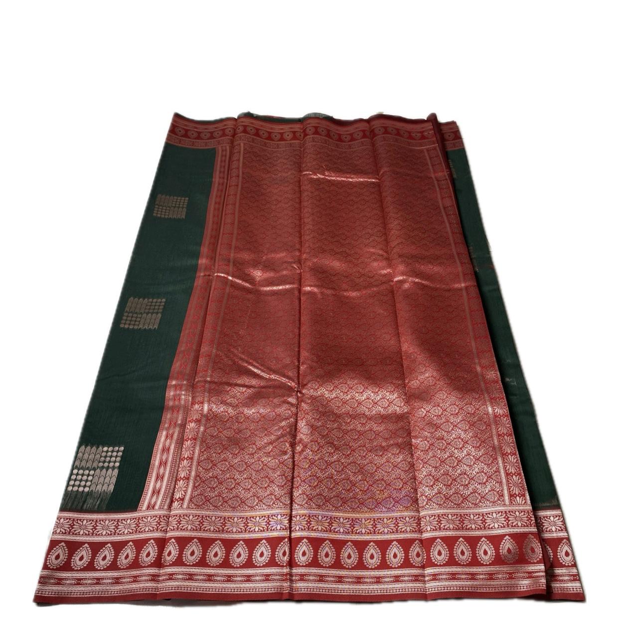 Shivakami Dark Green & Red Chanderi Cotton Silk Saree with Rich Silk Pallu