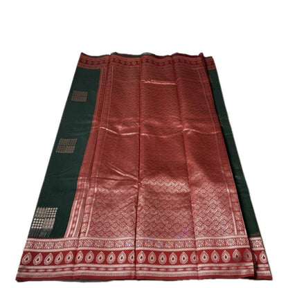 Shivakami Dark Green & Red Chanderi Cotton Silk Saree with Rich Silk Pallu