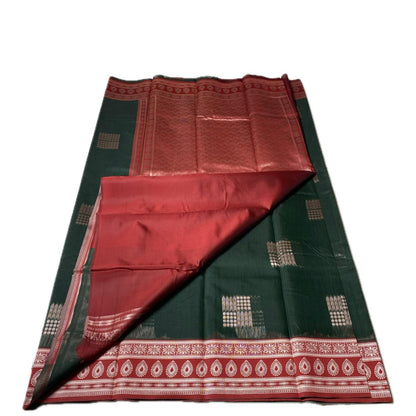 Shivakami Dark Green & Red Chanderi Cotton Silk Saree with Rich Silk Pallu