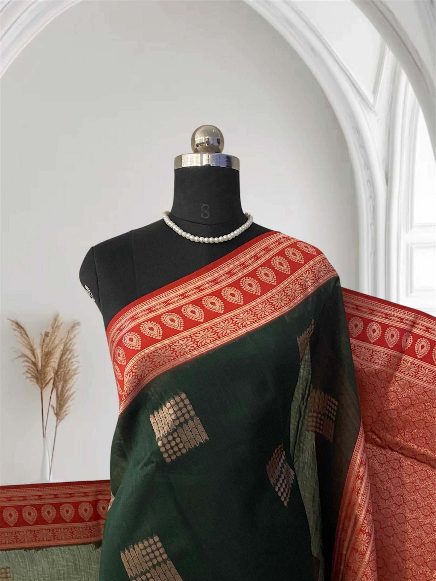 Shivakami Dark Green & Red Chanderi Cotton Silk Saree with Rich Silk Pallu