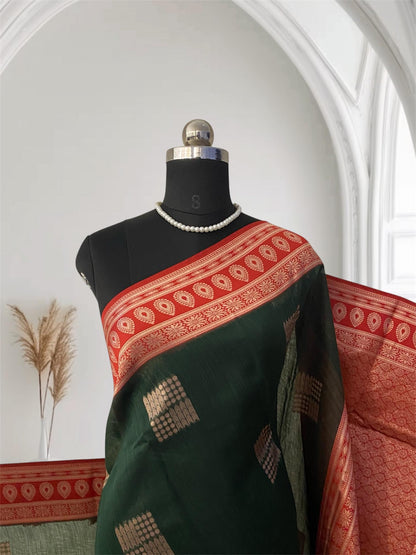 Shivakami Dark Green & Red Chanderi Cotton Silk Saree with Rich Silk Pallu