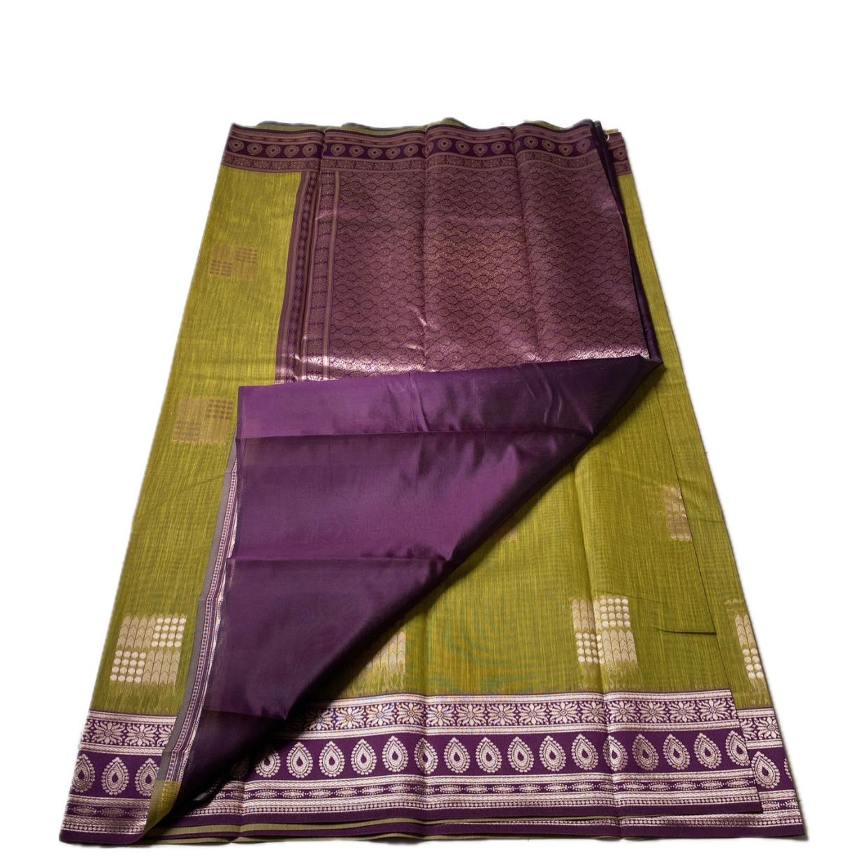 Shivakami Green & Violet Chanderi Cotton Silk Saree with Rich Silk Pallu