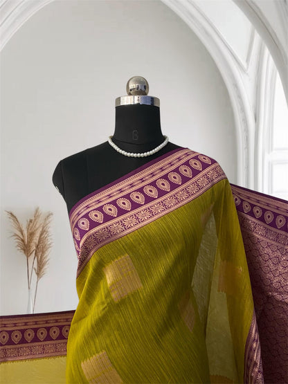 Shivakami Green & Violet Chanderi Cotton Silk Saree with Rich Silk Pallu