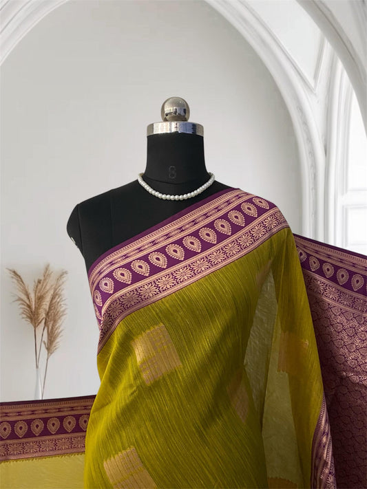 Shivakami Green & Violet Chanderi Cotton Silk Saree with Rich Silk Pallu
