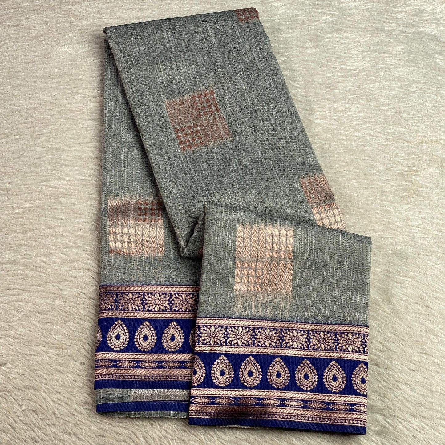 Shivakami Grey & Blue Chanderi Cotton Silk Saree with Rich Silk Pallu