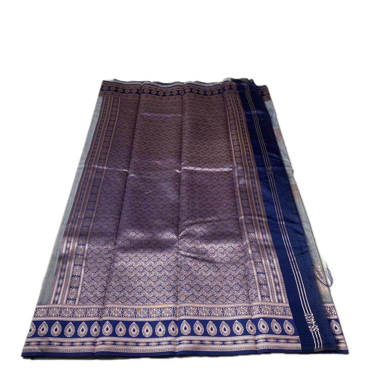 Shivakami Grey & Blue Chanderi Cotton Silk Saree with Rich Silk Pallu