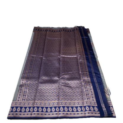 Shivakami Grey & Blue Chanderi Cotton Silk Saree with Rich Silk Pallu