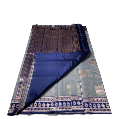Shivakami Grey & Blue Chanderi Cotton Silk Saree with Rich Silk Pallu