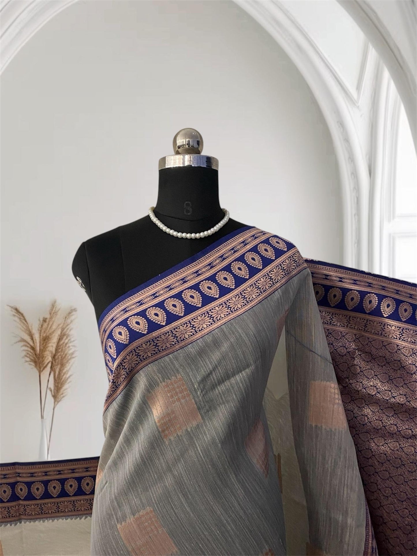 Shivakami Grey & Blue Chanderi Cotton Silk Saree with Rich Silk Pallu