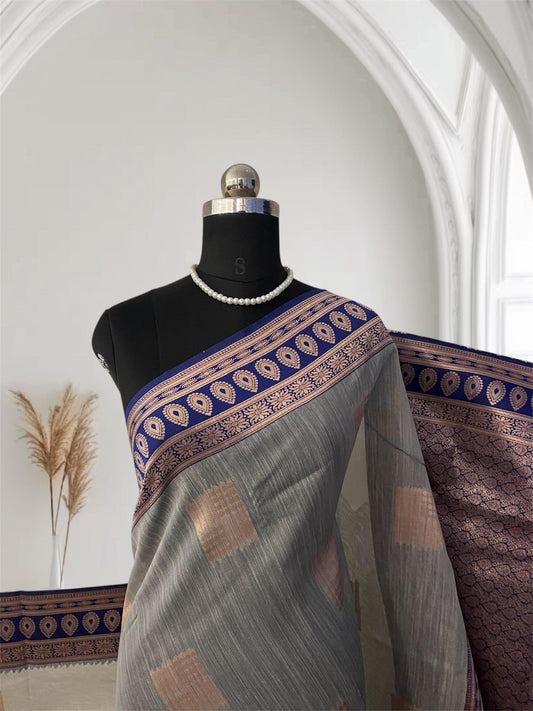 Shivakami Grey & Blue Chanderi Cotton Silk Saree with Rich Silk Pallu