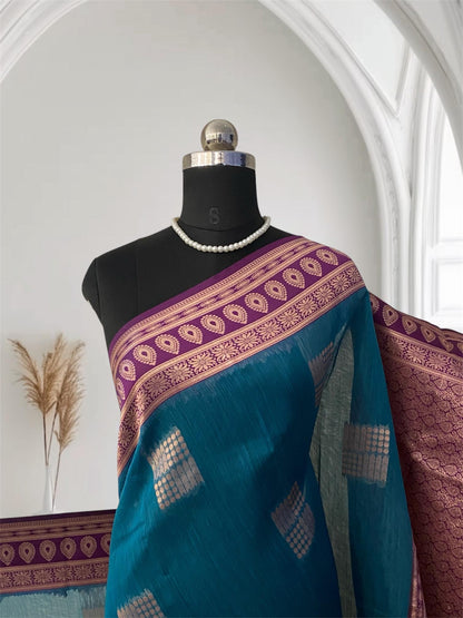 Shivakami Blue & Violet Chanderi Cotton Silk Saree with Rich Silk Pallu