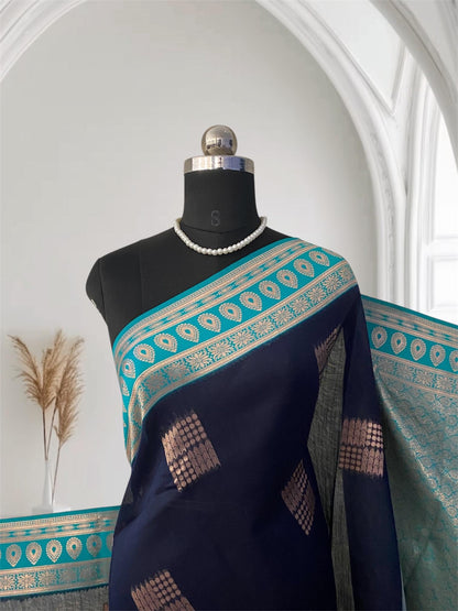 Shivakami Navy Blue & Blue Chanderi Cotton Silk Saree with Rich Silk Pallu