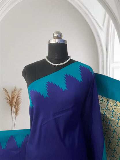 Aadhya Royal Blue Saree with Teal Temple Border