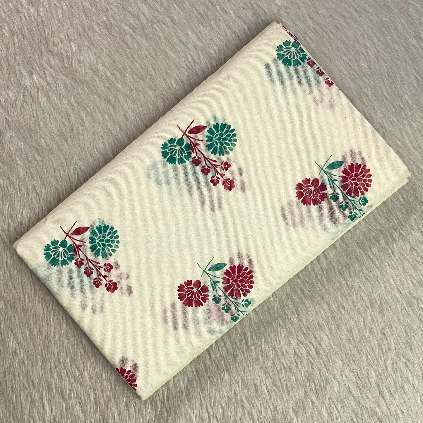 Neelambari Green and Red Floral Print Cotton Kasavu Saree