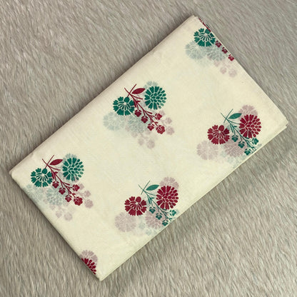 Neelambari Green and Red Floral Print Cotton Kasavu Saree