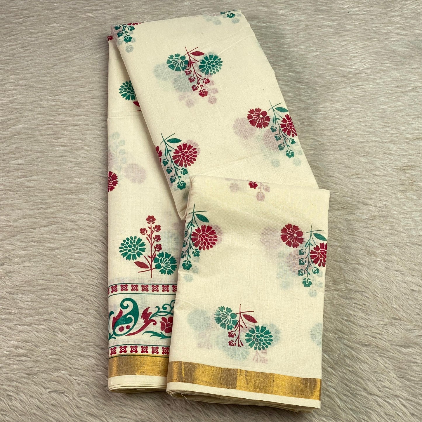 Neelambari Green and Red Floral Print Cotton Kasavu Saree