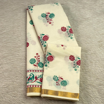 Neelambari Green and Red Floral Print Cotton Kasavu Saree