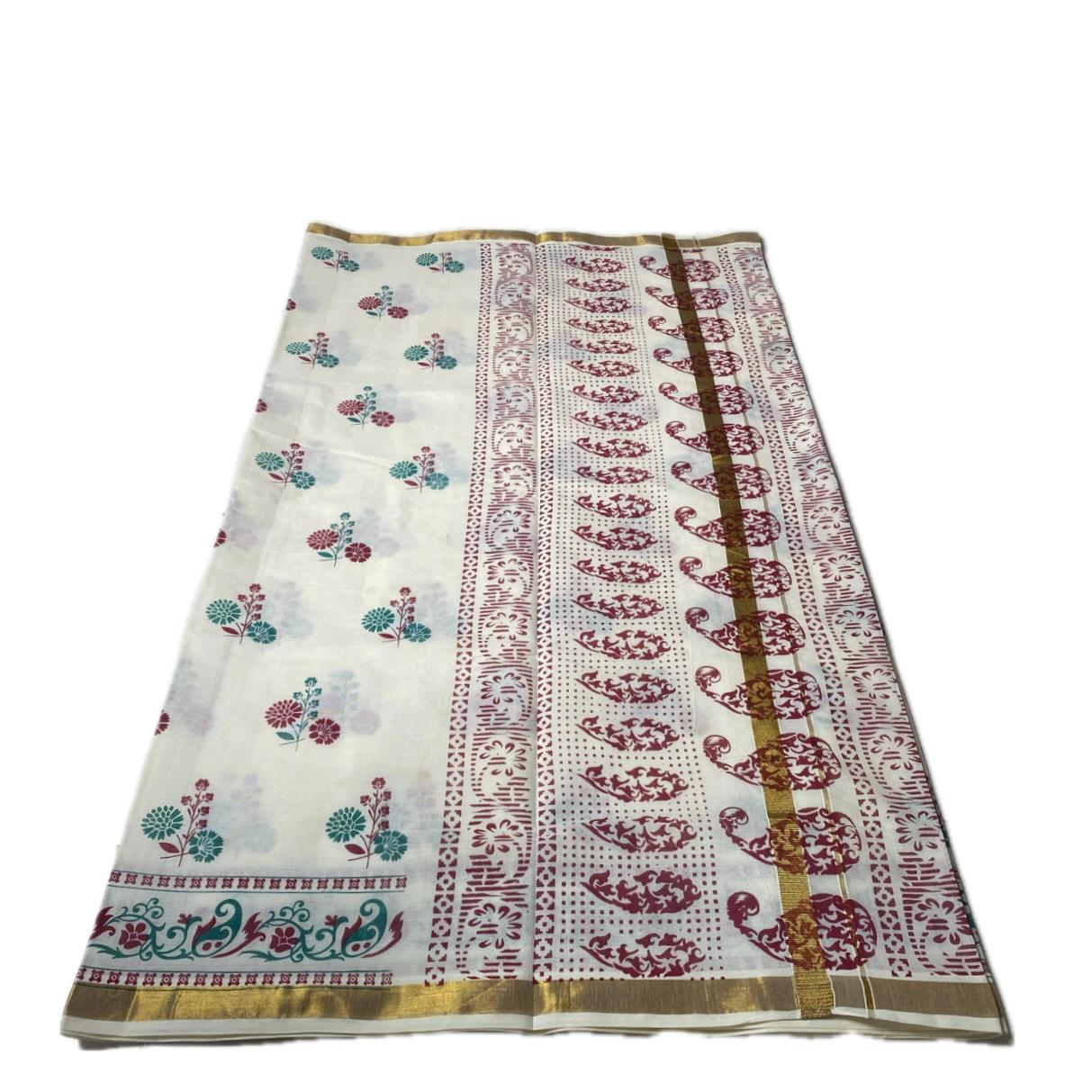 Neelambari Green and Red Floral Print Cotton Kasavu Saree