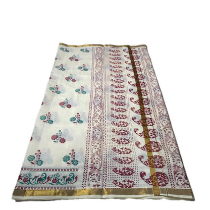 Neelambari Green and Red Floral Print Cotton Kasavu Saree