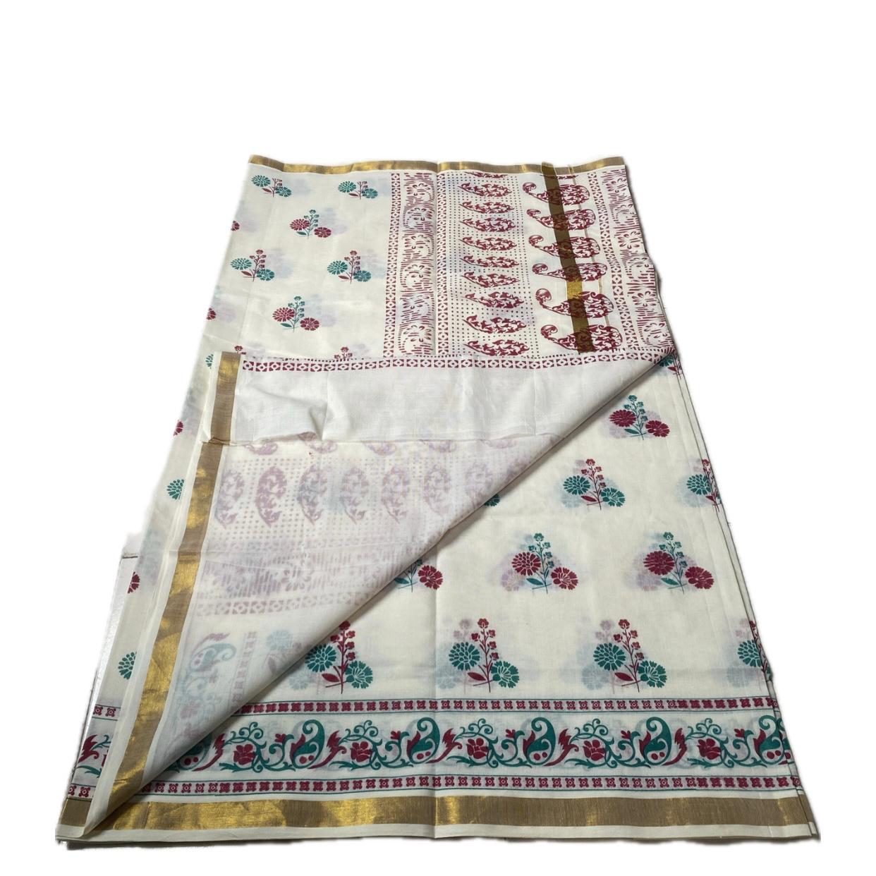Neelambari Green and Red Floral Print Cotton Kasavu Saree