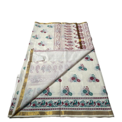 Neelambari Green and Red Floral Print Cotton Kasavu Saree