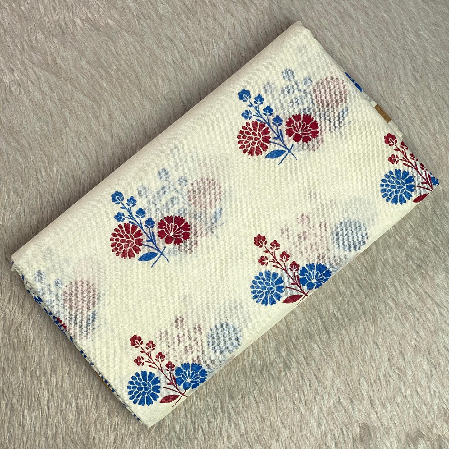 Neelambari Blue and Red Floral Print Cotton Kasavu Saree