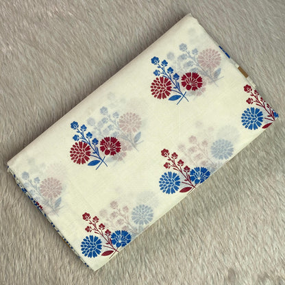 Neelambari Blue and Red Floral Print Cotton Kasavu Saree