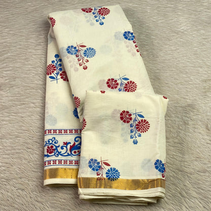 Neelambari Blue and Red Floral Print Cotton Kasavu Saree