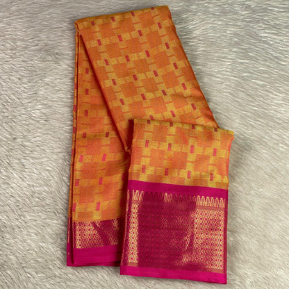 Veena Yellow with Pink Border Cotton Saree