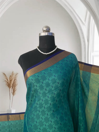 Veena Green with Blue Border Cotton Saree