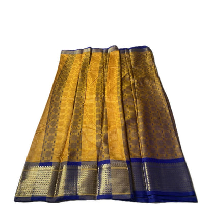 Veena Yellow with Blue Border Cotton Saree