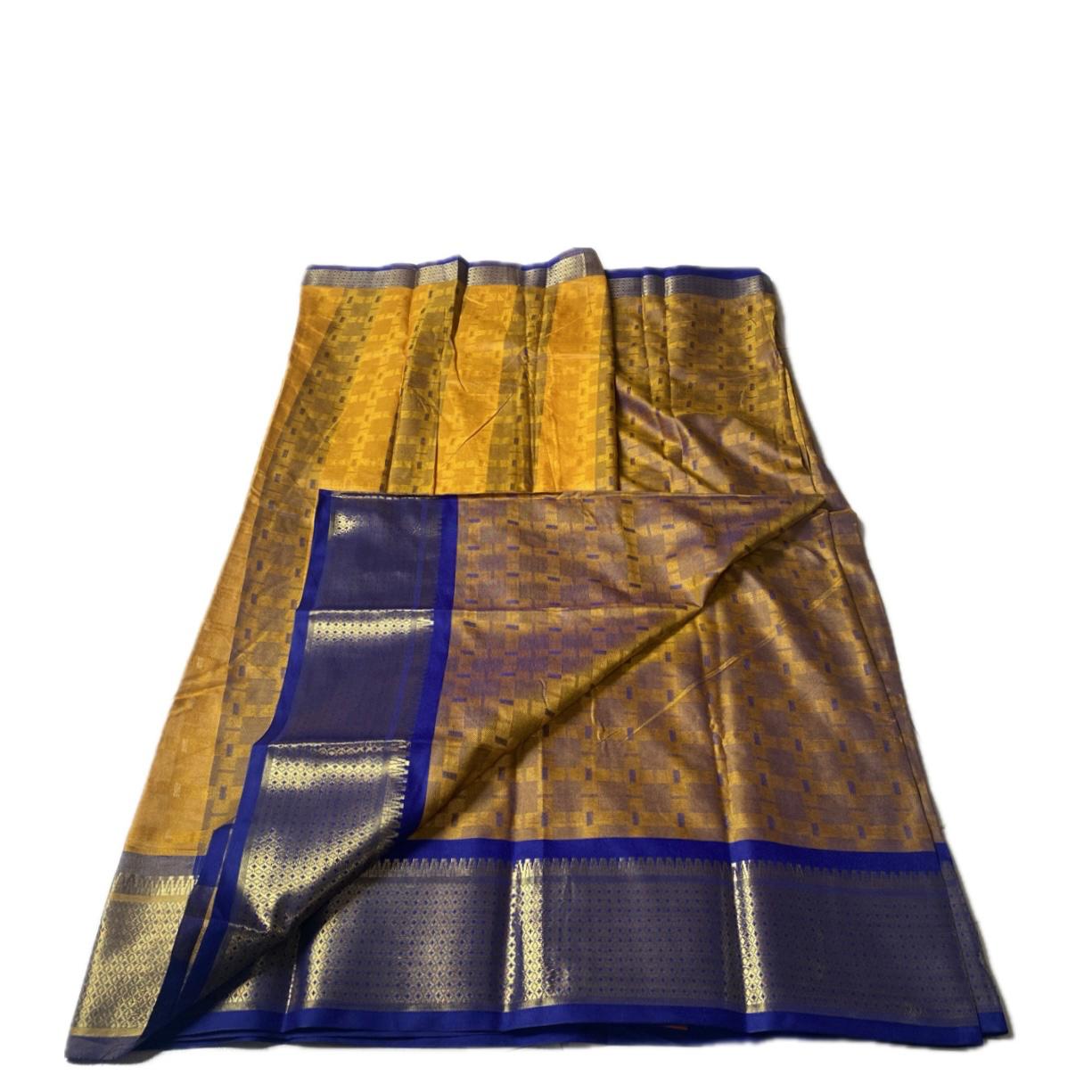 Veena Yellow with Blue Border Cotton Saree