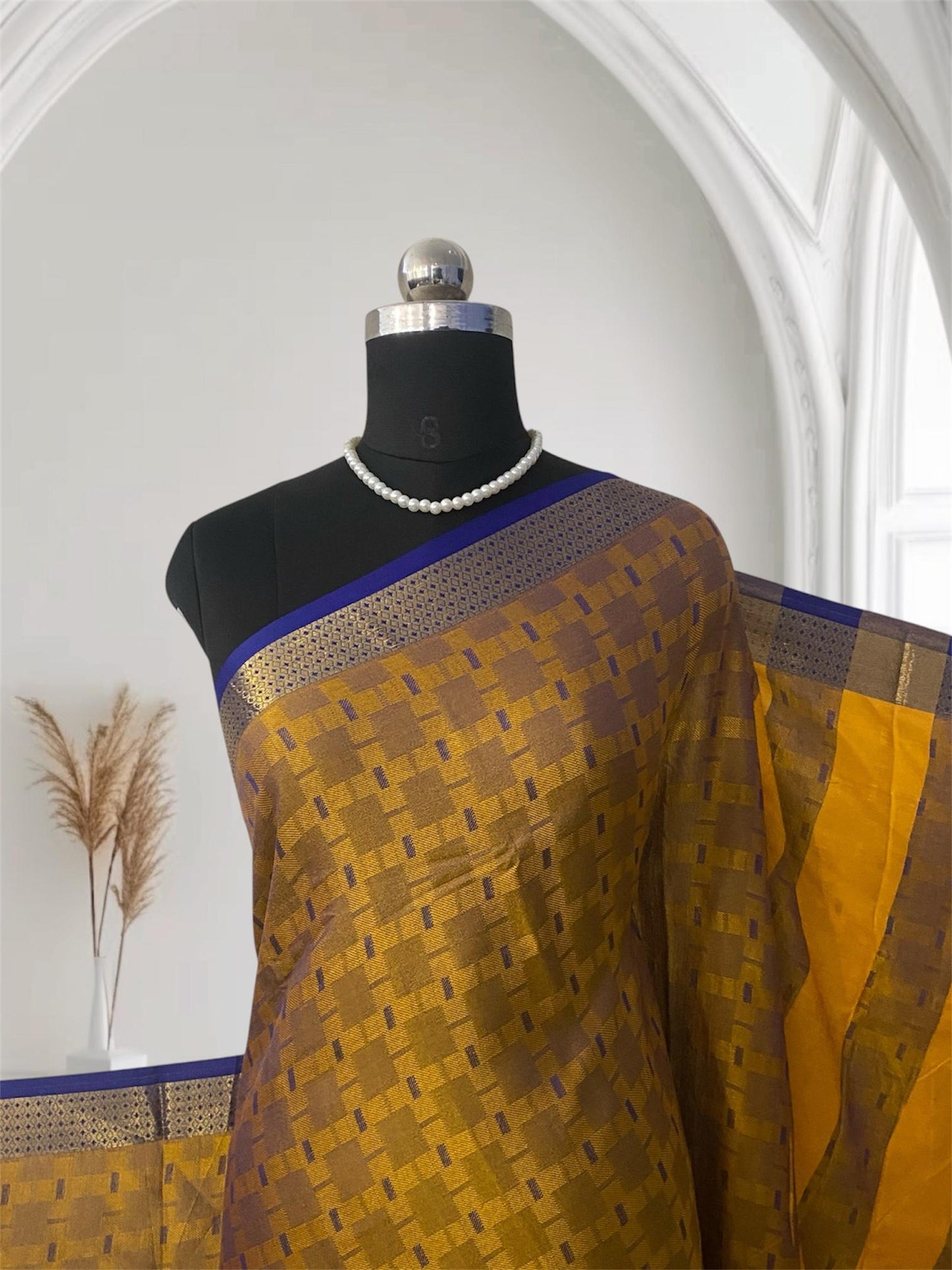 Veena Yellow with Blue Border Cotton Saree