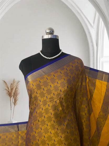 Veena Yellow with Blue Border Cotton Saree