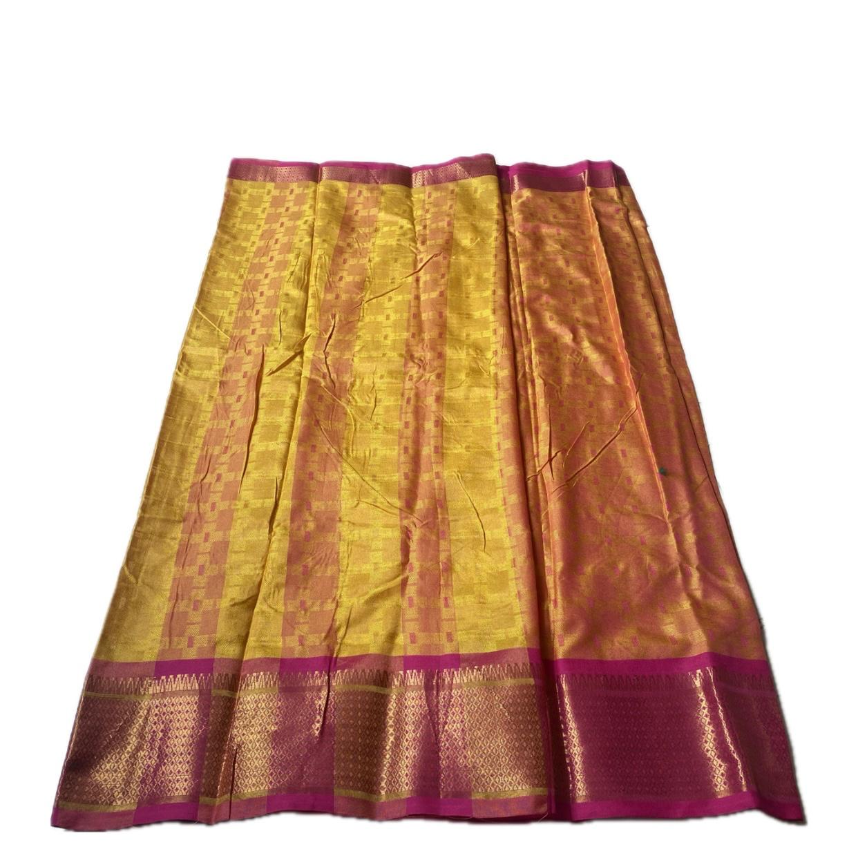 Veena Yellow with Pink Border Cotton Saree