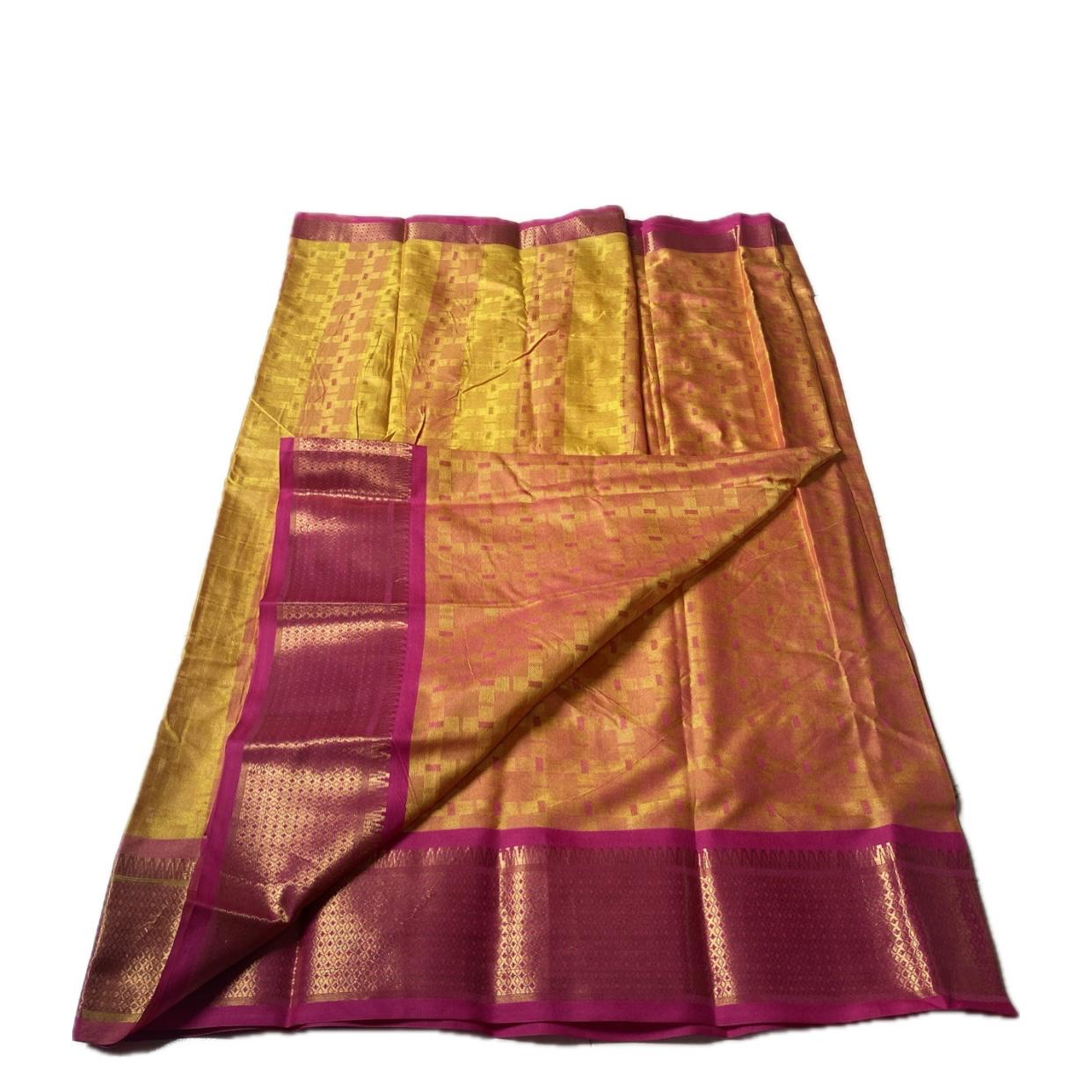 Veena Yellow with Pink Border Cotton Saree