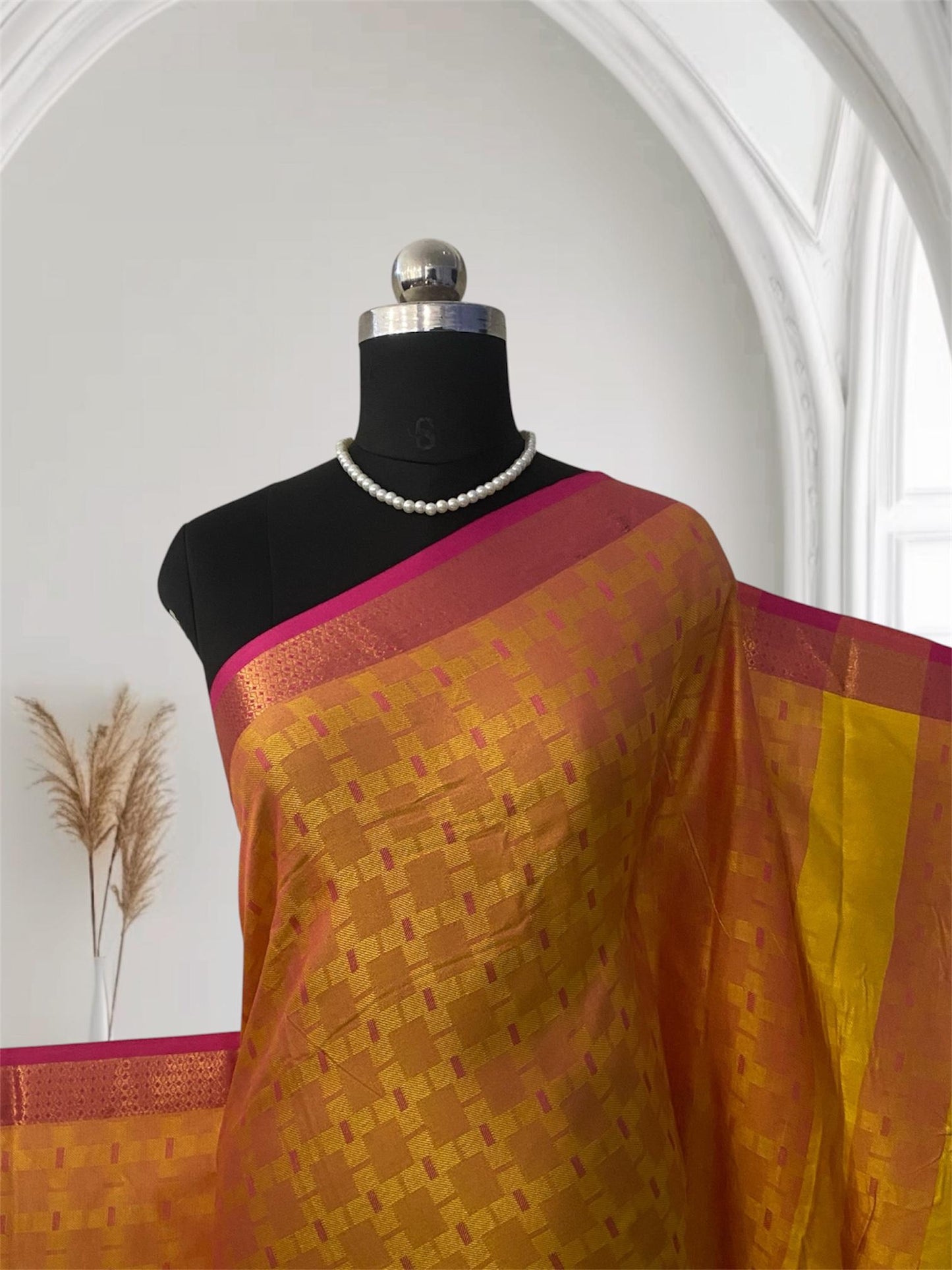 Veena Yellow with Pink Border Cotton Saree