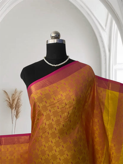 Veena Yellow with Pink Border Cotton Saree