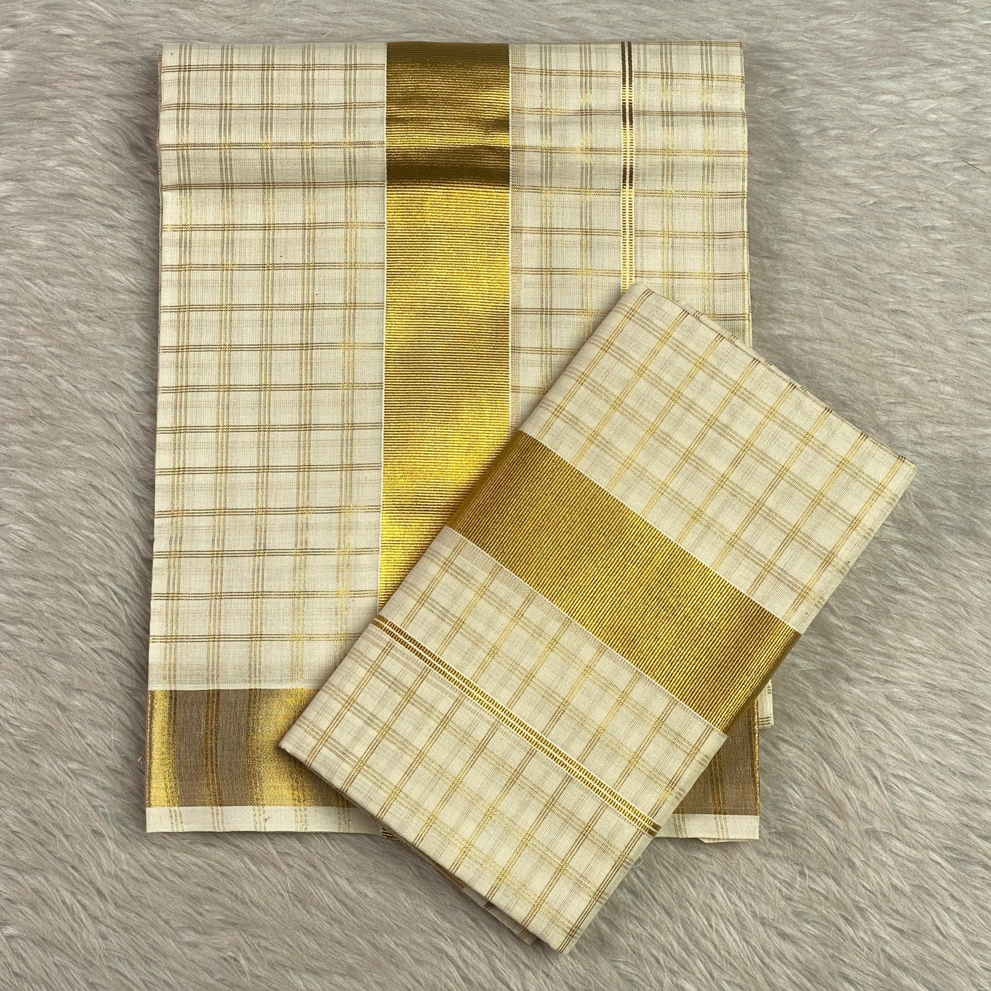 Vaibhavi Cotton Tissue Golden Checks Kasavu Set Mundu