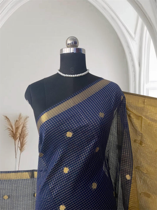 Chandana Blue Checks with Butta Chanderi Silk Sare