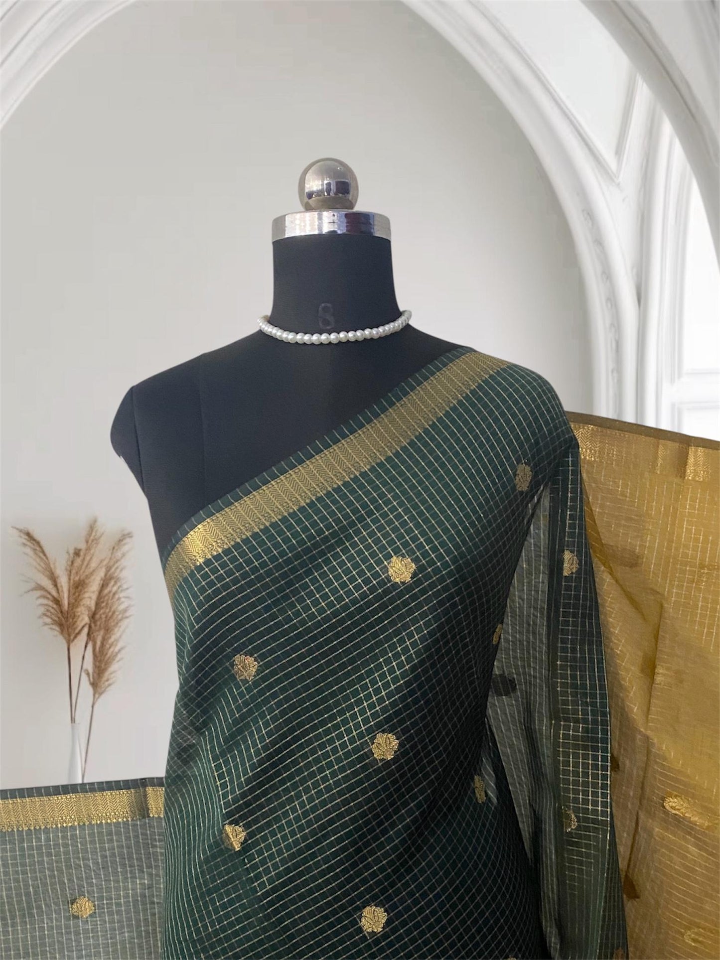 Chandana Green Checks with Butta Chanderi Silk Saree