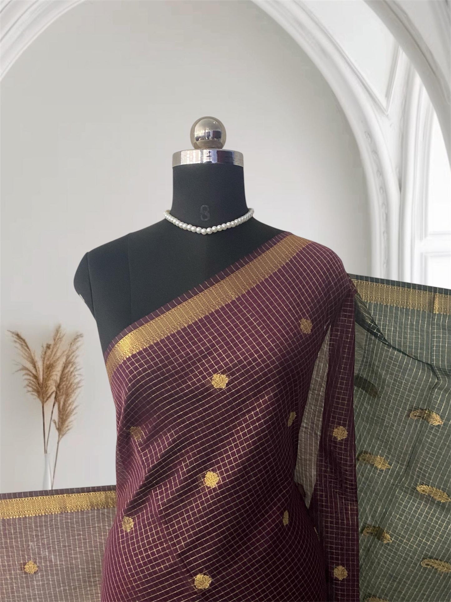 Chandana Maroon Checks with Butta Chanderi Silk Saree