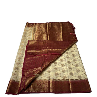 Chandhni Georgette Banarasi Saree Chikku with Maroon Border
