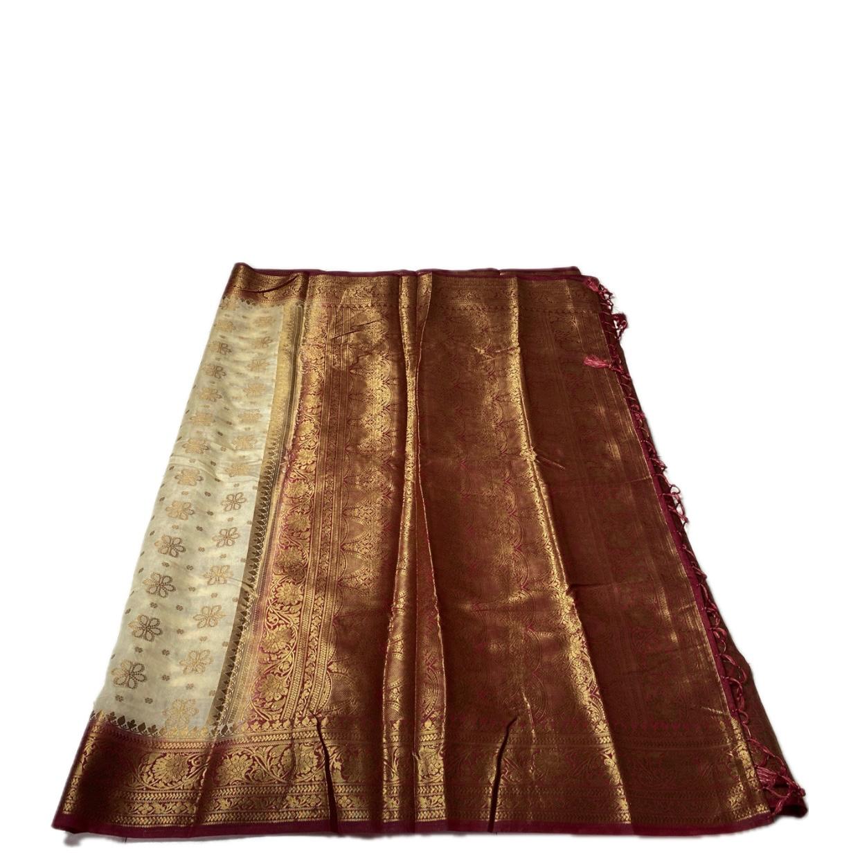 Chandhni Georgette Banarasi Saree Chikku with Maroon Border