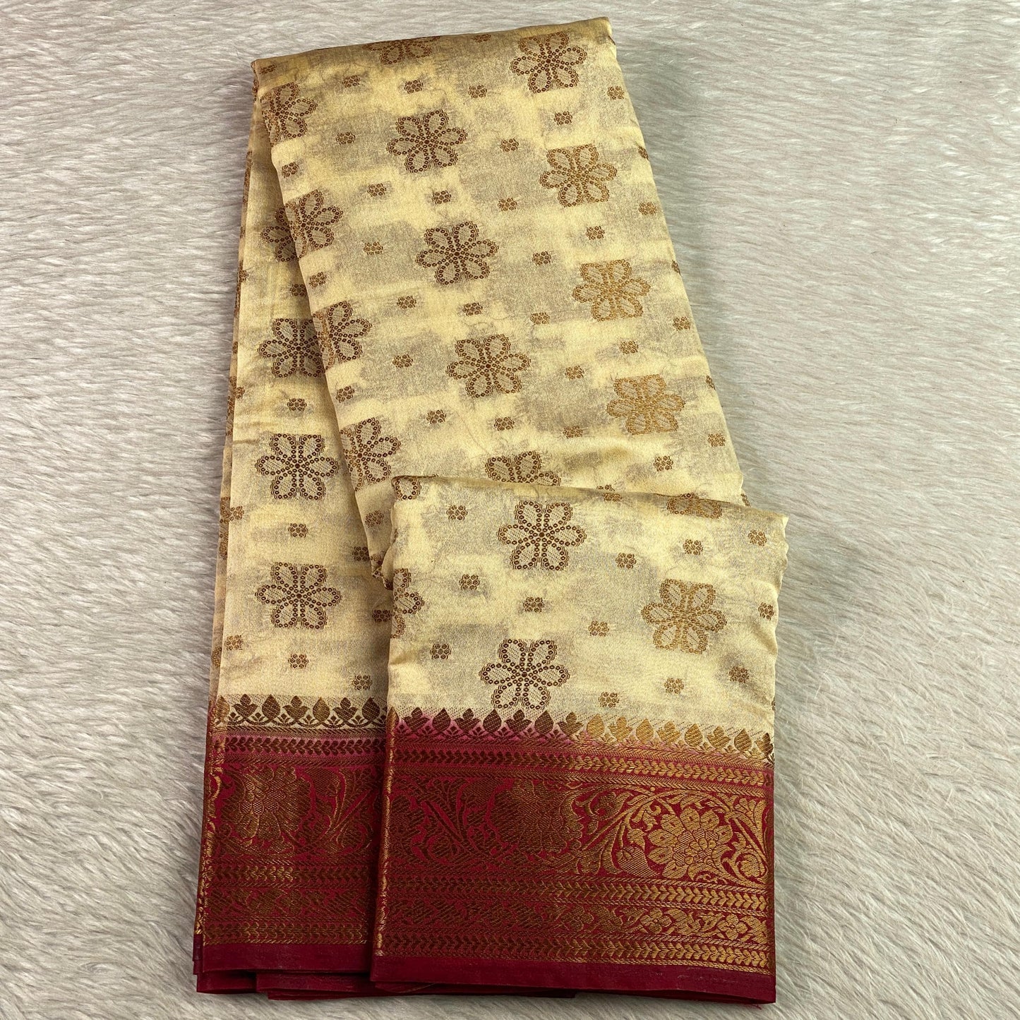 Chandhni Georgette Banarasi Saree Chikku with Maroon Border