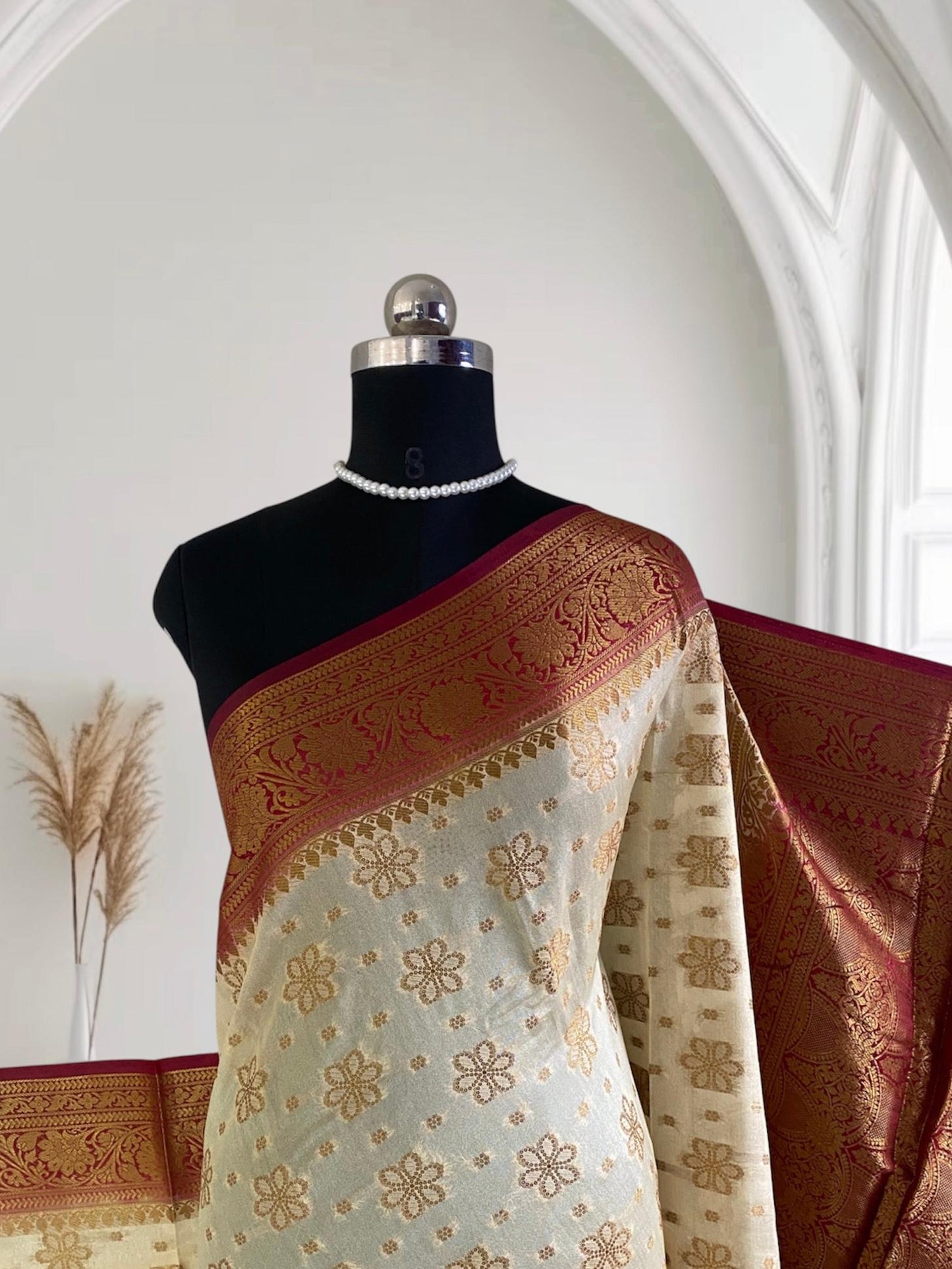 Chandhni Georgette Banarasi Saree Chikku with Maroon Border