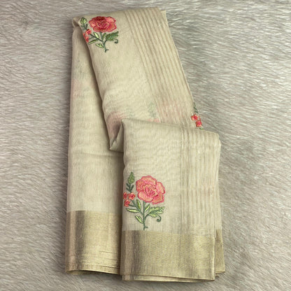 Megha Orange Floral Tissue Linen Saree